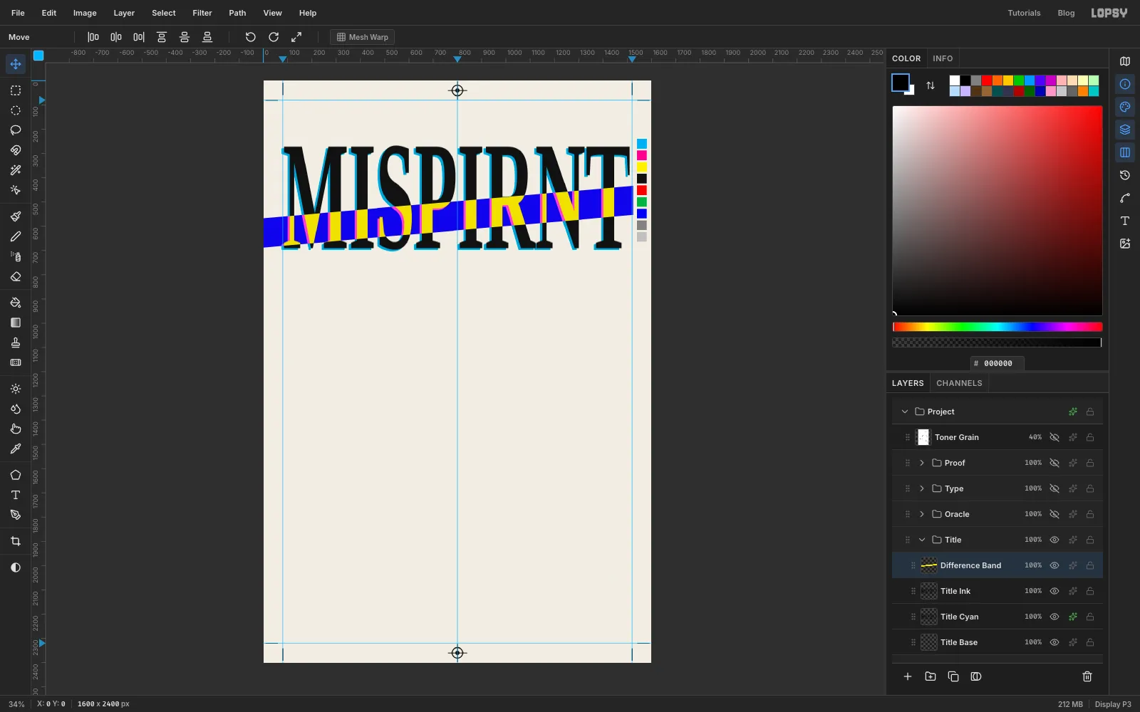 The stretched title crossed by a slanted band. Inside the band the paper turns deep blue and the parts of the black letters inside it turn yellow, with pink edges where the cyan fringe was