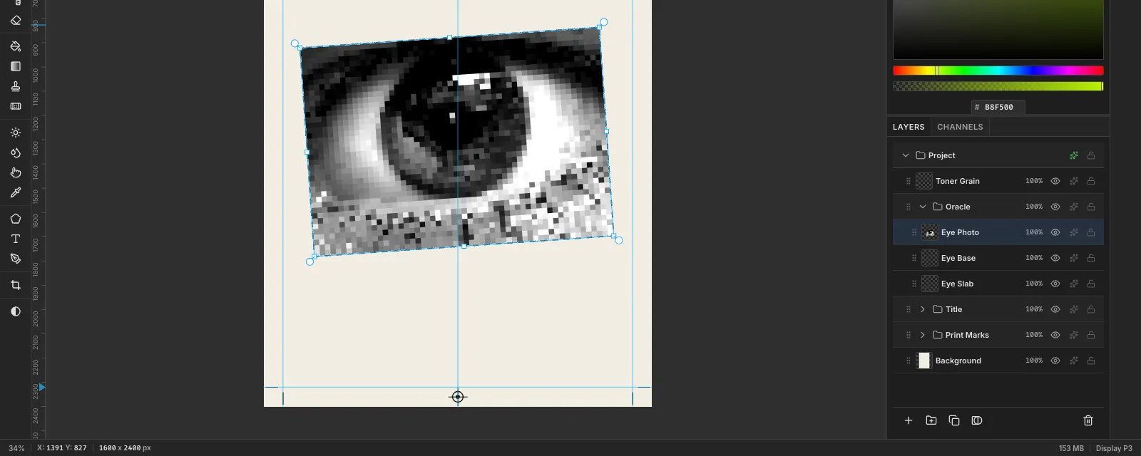 The eye photo desaturated, pixelated into large square blocks, moved to the middle of the page and tilted slightly anticlockwise with its transform box still showing