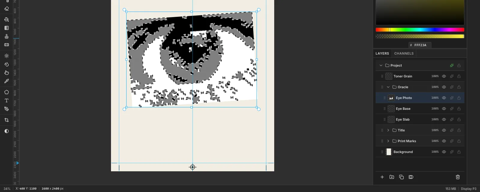 The pixelated eye reduced to black, grey and white, with marching ants around every grey block after a Magic Wand click