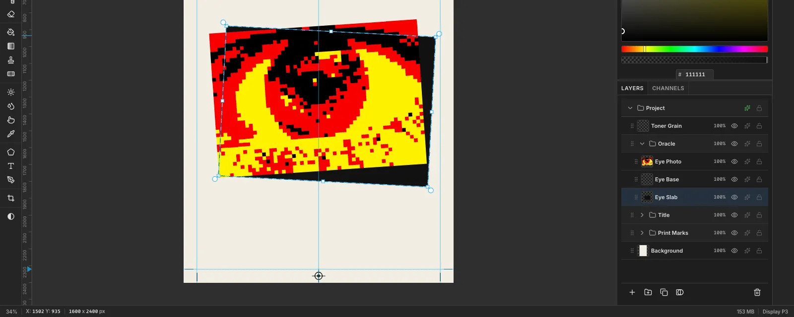 The red, yellow and black eye with a black card behind it, tilted the other way so it sticks out at the right and bottom, and its transform box showing