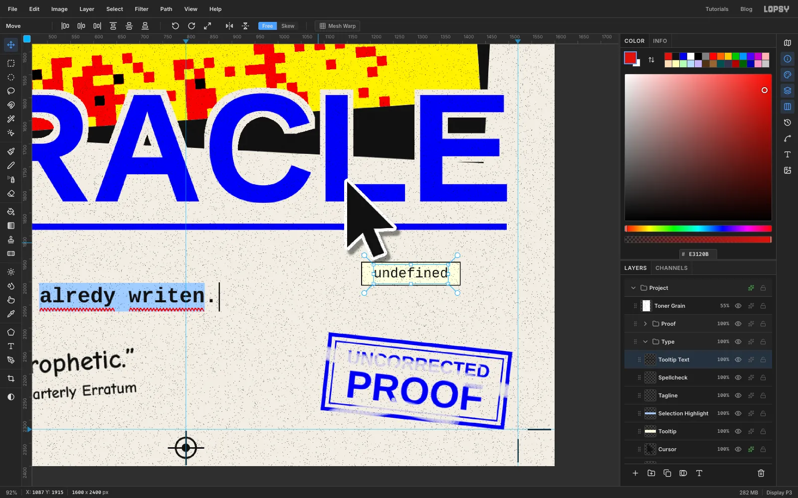 A close-up of the black arrow cursor with a white outline hovering on the L of ORACLE, and a small cream tooltip box reading undefined just below the cursor's tail