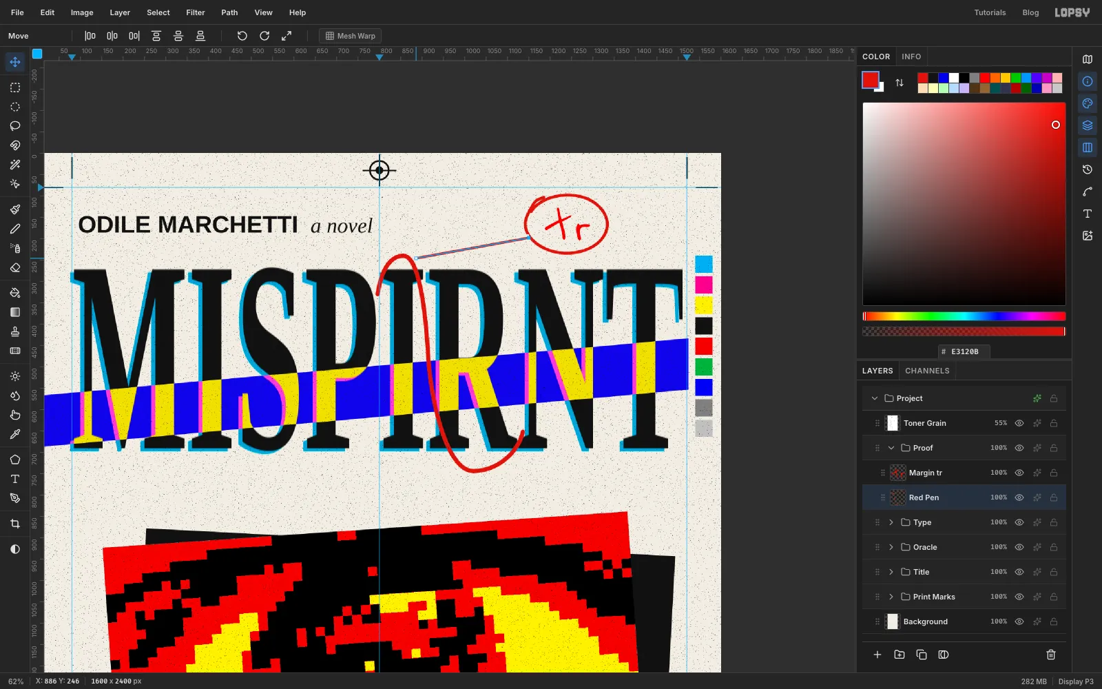 The top of the cover with ODILE MARCHETTI and a novel at the left, and a handwritten red tr inside a loose hand-drawn circle at the right, joined to the top of the S-curve by a thin red leader line