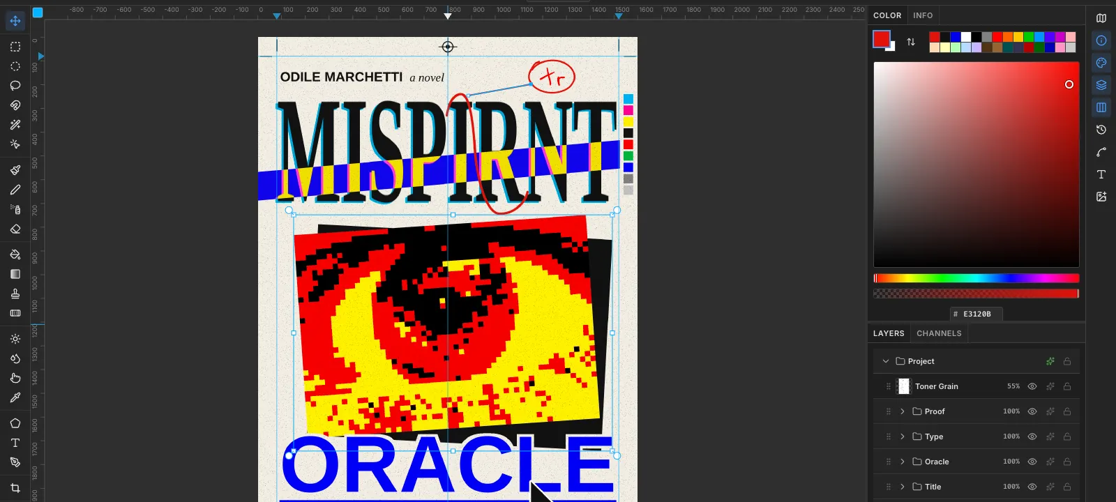 The Oracle group being dragged upwards with the Move tool, its transform box around the eye and black slab, so the top of the eye almost touches the bottom of the title