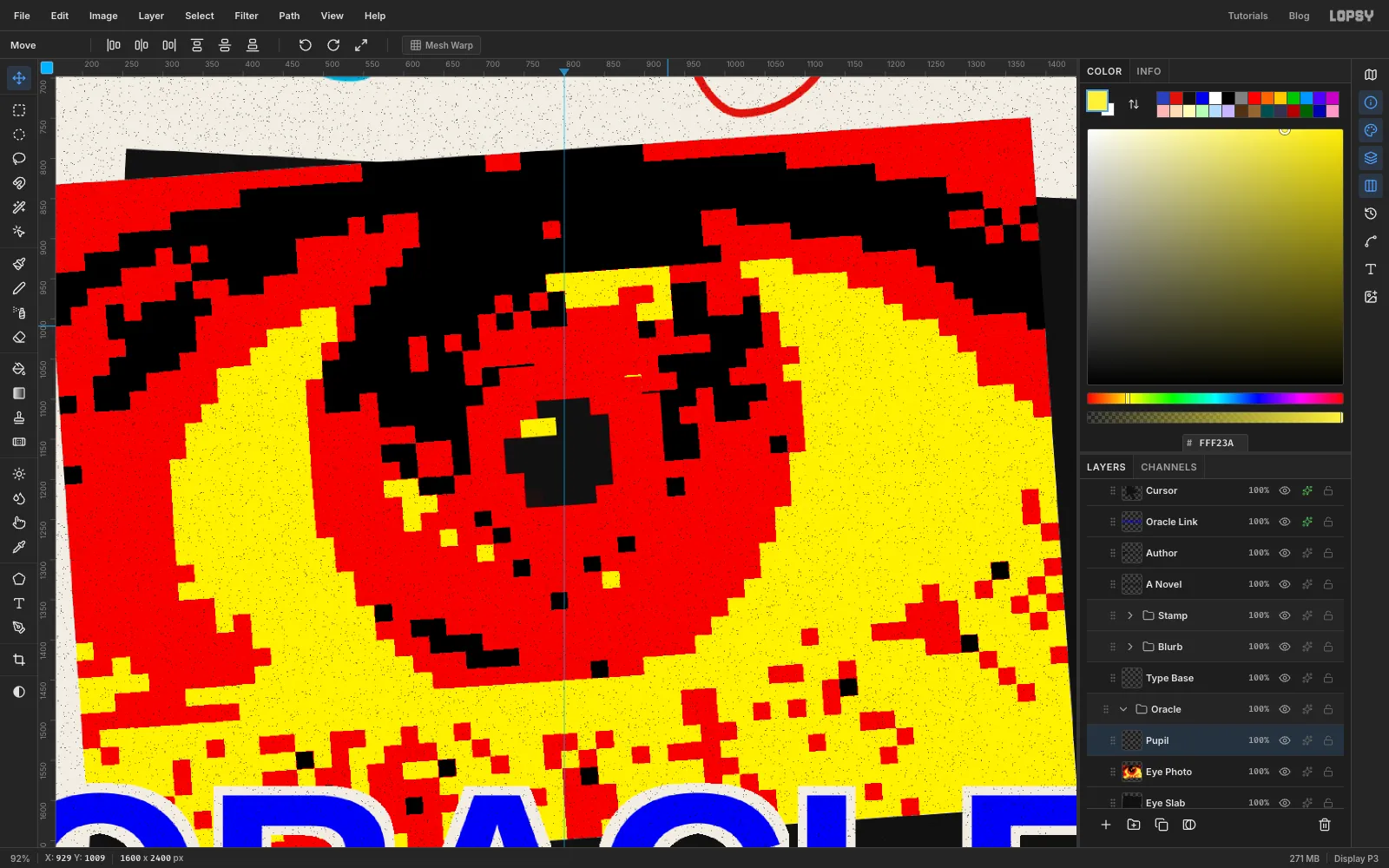 A close-up of the eye with a new pixelated red iris disc, a clean black square-ish pupil and a two-block yellow highlight, tilted to match the eye's blocks