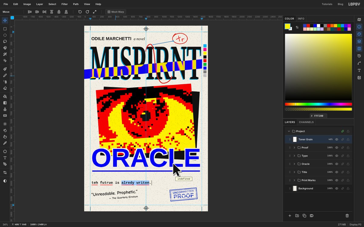 Lopsy at fit-to-screen zoom showing the finished MISPRINT ORACLE book cover, with the stretched title MISPIRNT cut by a blue and yellow band, a red, yellow and black pixelated eye, the word ORACLE as an underlined blue link with a mouse cursor, and the Layers panel open on the right