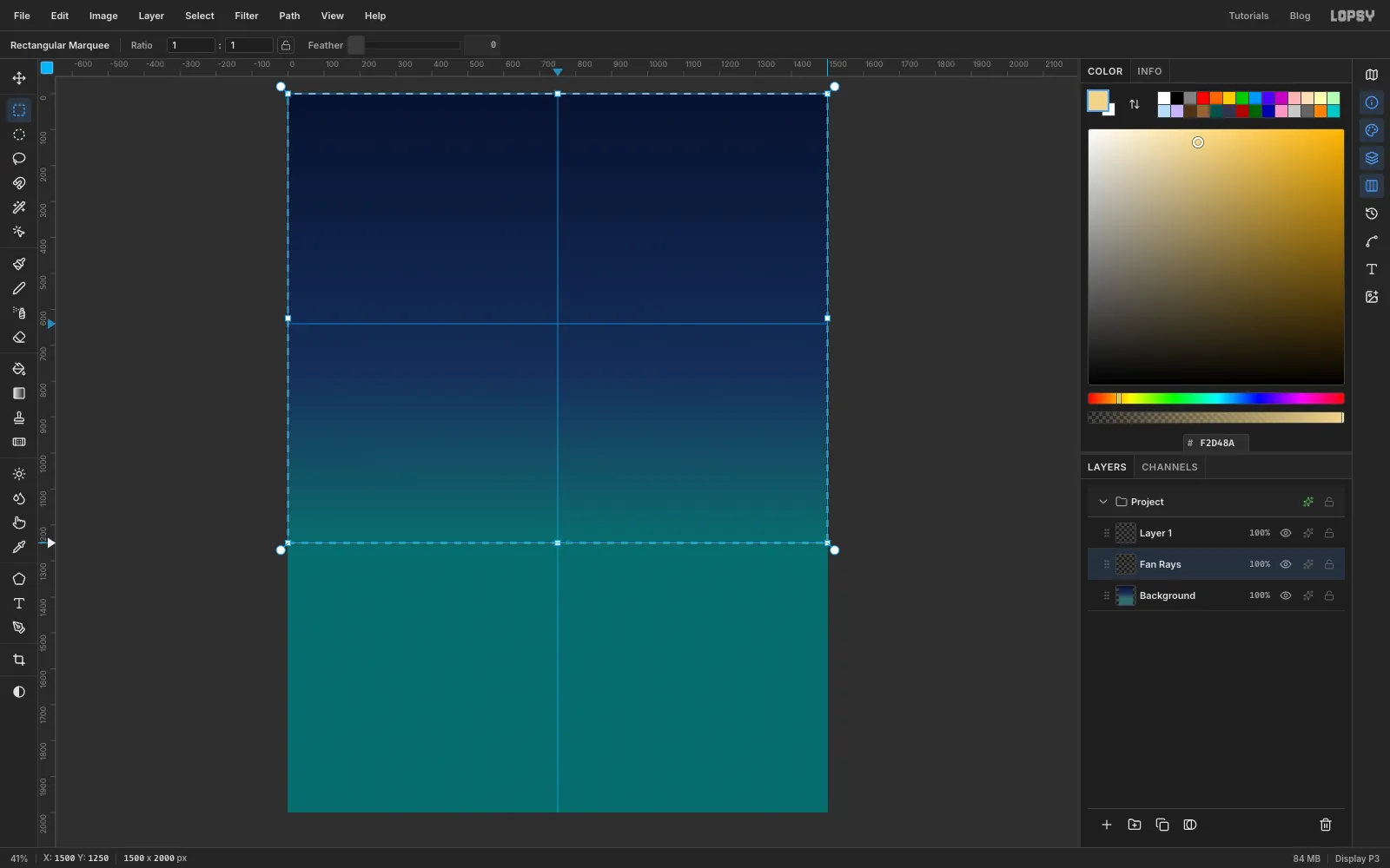 A rectangular marquee covering everything above the horizon guide on a new Fan Rays layer