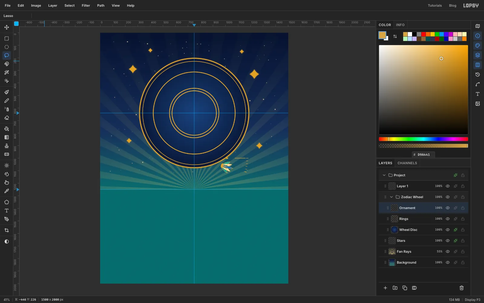 A small cluster of gold ticks, a spoke, a diamond and a cloisonné lotus drawn just right of the canvas centre