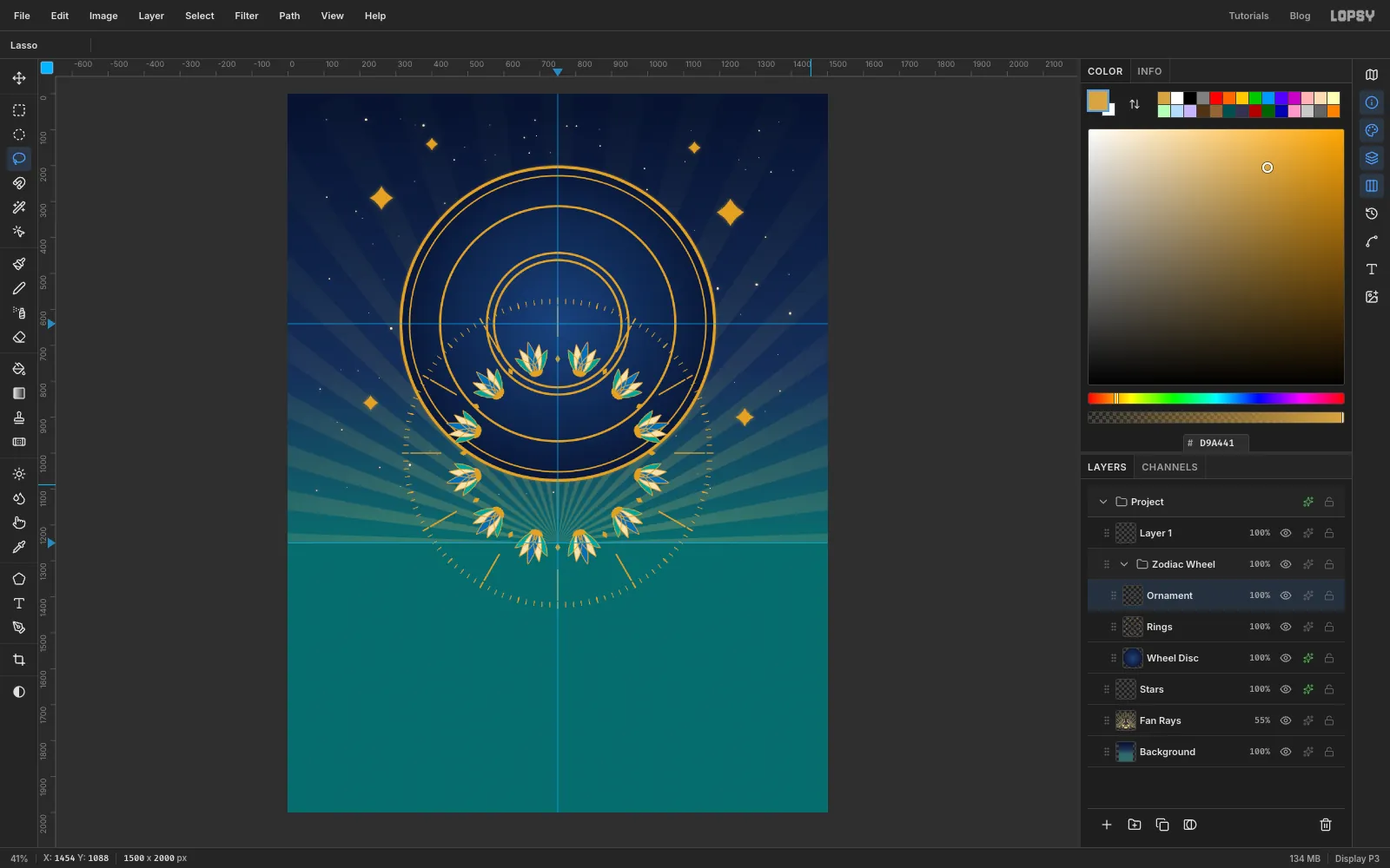 The single wedge turned into a full ring of twelve lotuses, spokes and ticks around the centre of the canvas