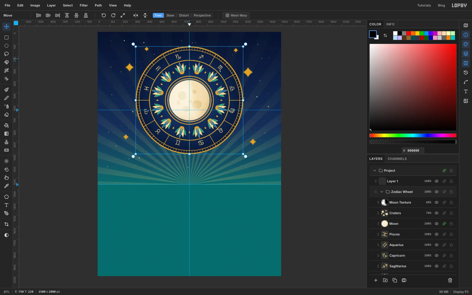 The Zodiac Wheel group selected with transform handles around it after being moved up 80 pixels