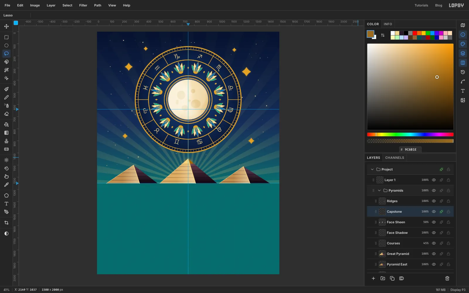 A two-tone gold capstone on top of the Great Pyramid with a warm glow