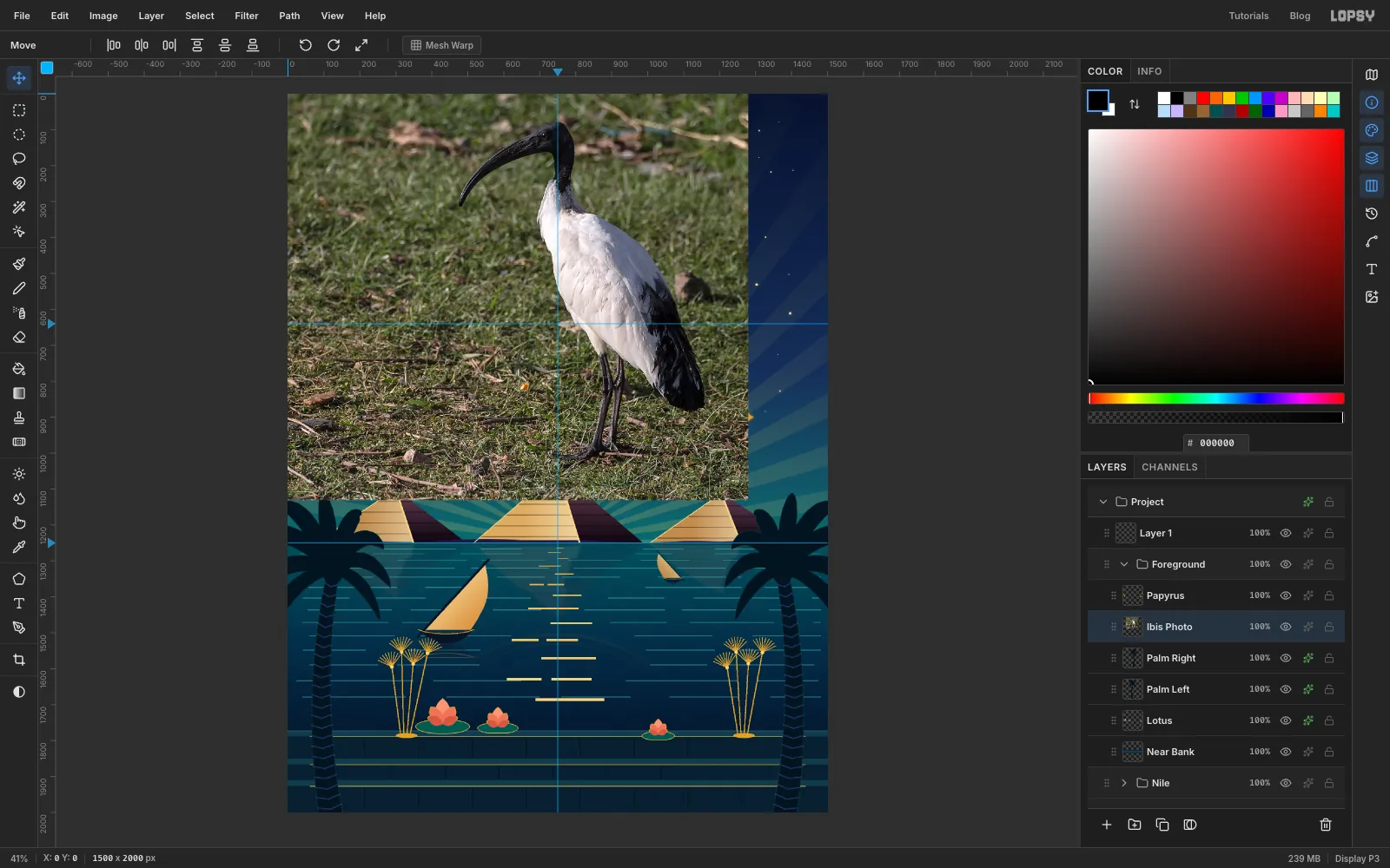 The ibis photo pasted at the top left of the canvas over the painting