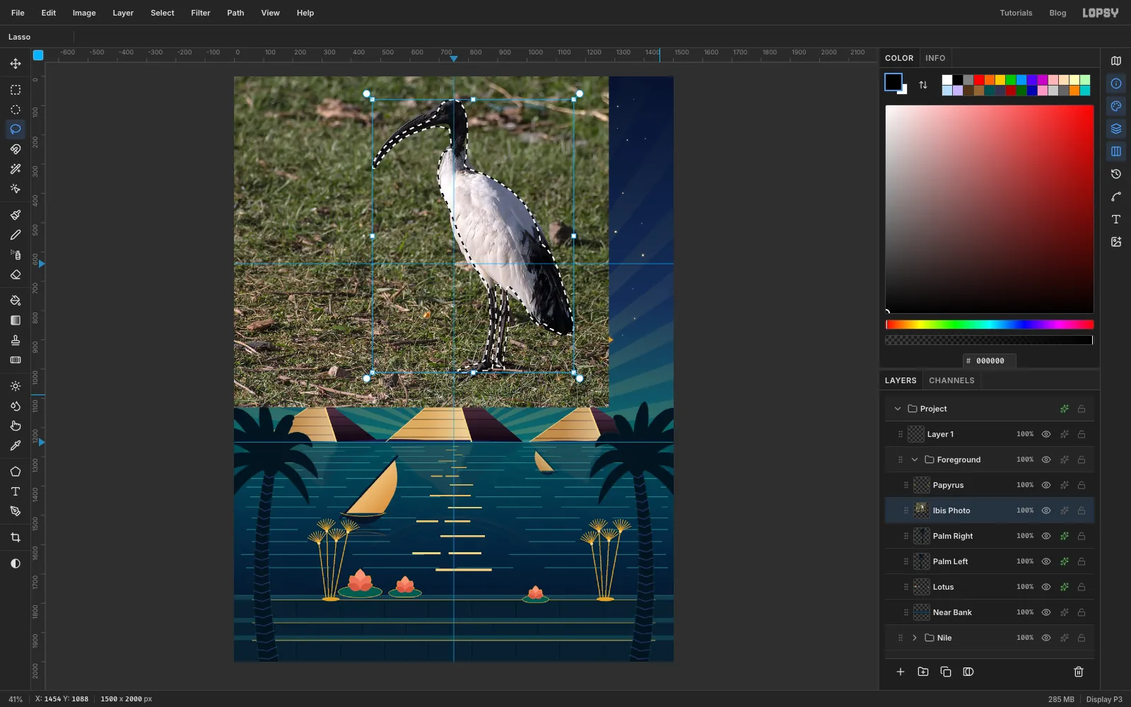 The whole bird selected: body, curved beak, head, legs and black tail plumes