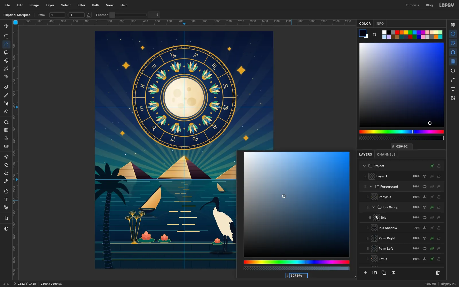 The Gradient Map's colour picker open on a new slate middle stop, with the ibis already recoloured in ink and cream