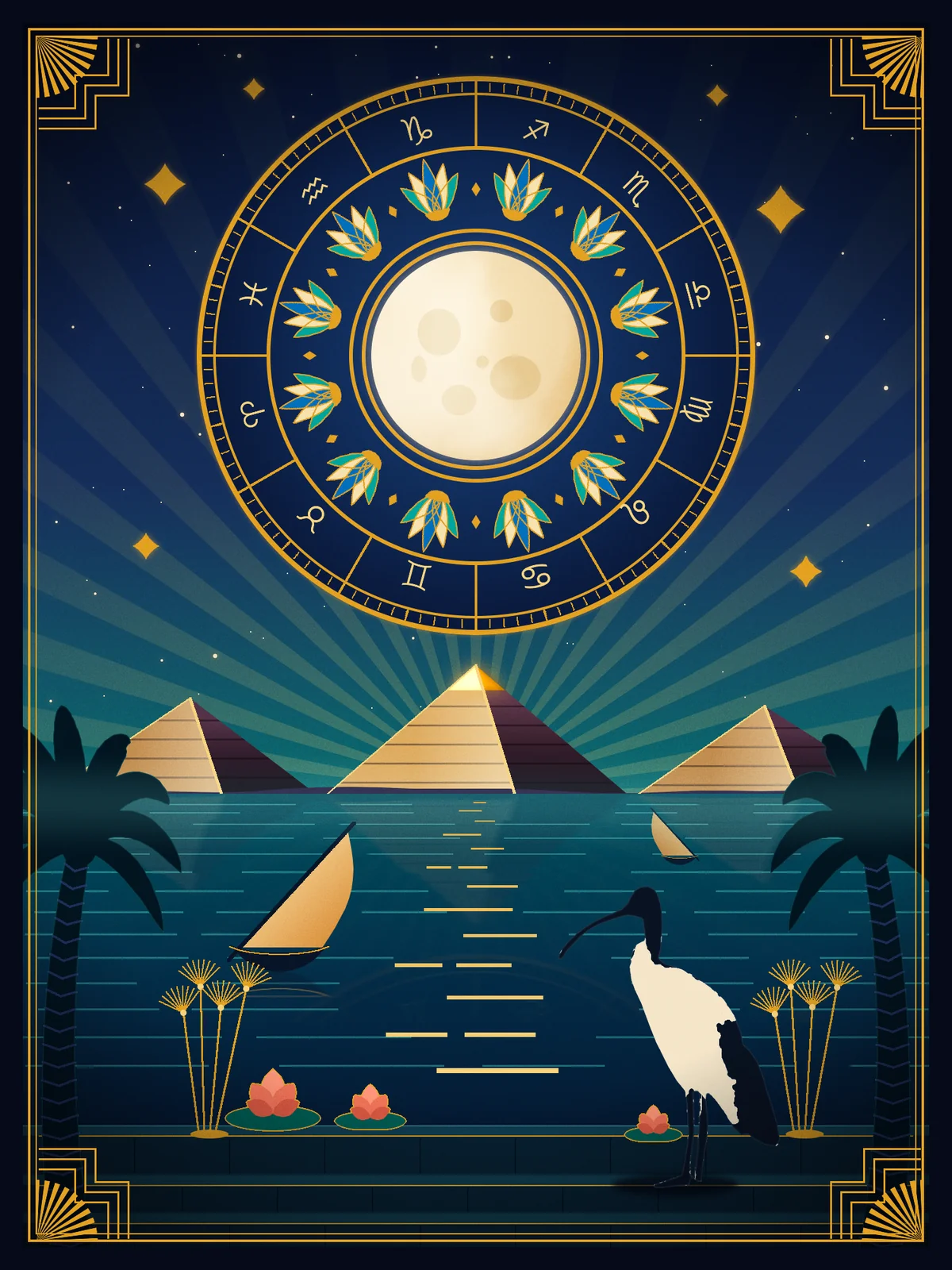 The finished Nile Zodiac painting. A deep navy night sky with soft gold sunburst rays rises from the horizon. A large gold zodiac wheel fills the upper half, with the twelve zodiac signs in its outer band, a ring of cloisonné lotus flowers in turquoise, cream and Egyptian blue, and a cratered full moon at its centre. Below it three pyramids with stone courses and a glowing gold capstone stand on the far bank of the Nile. Two feluccas sail on the dark teal water, which carries a broken path of gold moonlight and a faint reflection of the pyramids. Silhouetted palms frame both sides, gold papyrus and coral lotus flowers grow by a stepped stone quay, and a cream and black sacred ibis stands on the quay facing the moon path. A gold double rule with stepped brackets and sunburst fans in each corner frames the scene