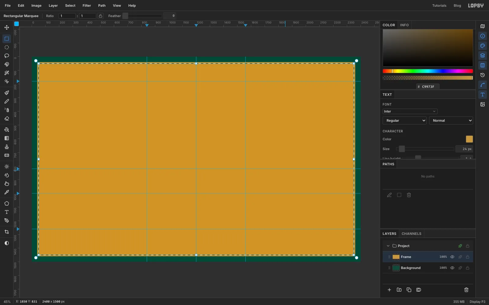 The gold frame layer with a filled gold rectangle and marching ants 10 px inside its edge, ready to delete the middle