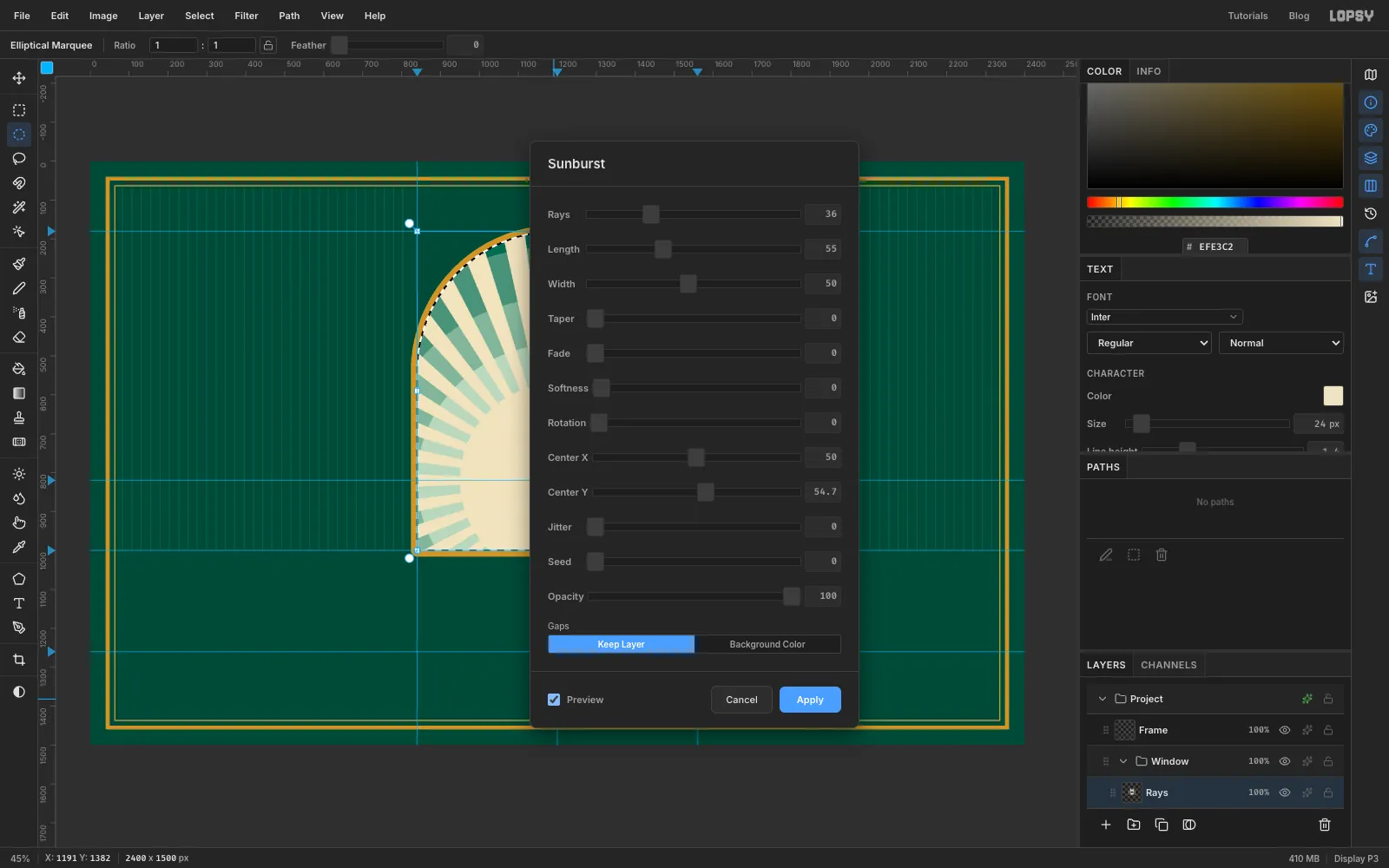 The Sunburst filter dialog with 36 rays centred on the horizon, previewing cream rays fanning out across the arched sky