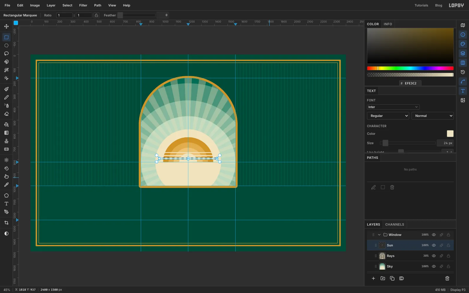 A gold half sun of four concentric bands sitting on the horizon, with a thin marquee across its lower half where the last of three slits is cut