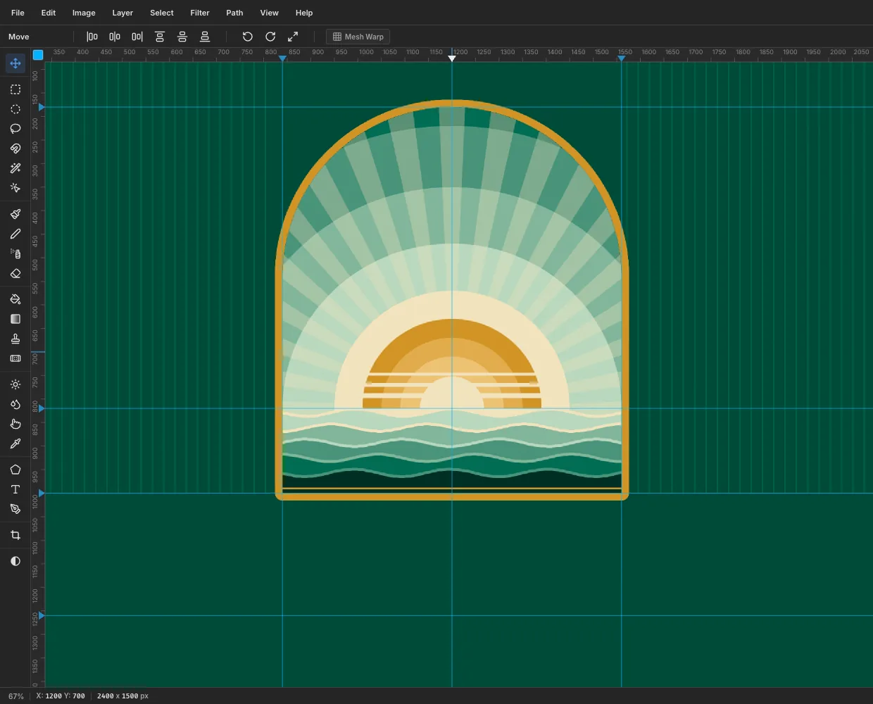 The window with five bands of wavy sea below the sun, from pale mint at the top to deep green at the bottom, each with a lighter crest line, and a gold line just above the bottom of the arch