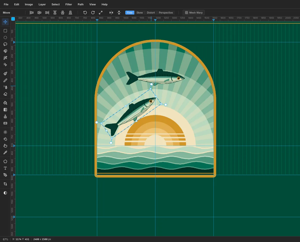 A copy of the sardine inside a rotated transform box, tilted 35 degrees nose-up to the left of the sun, with the original fish above it
