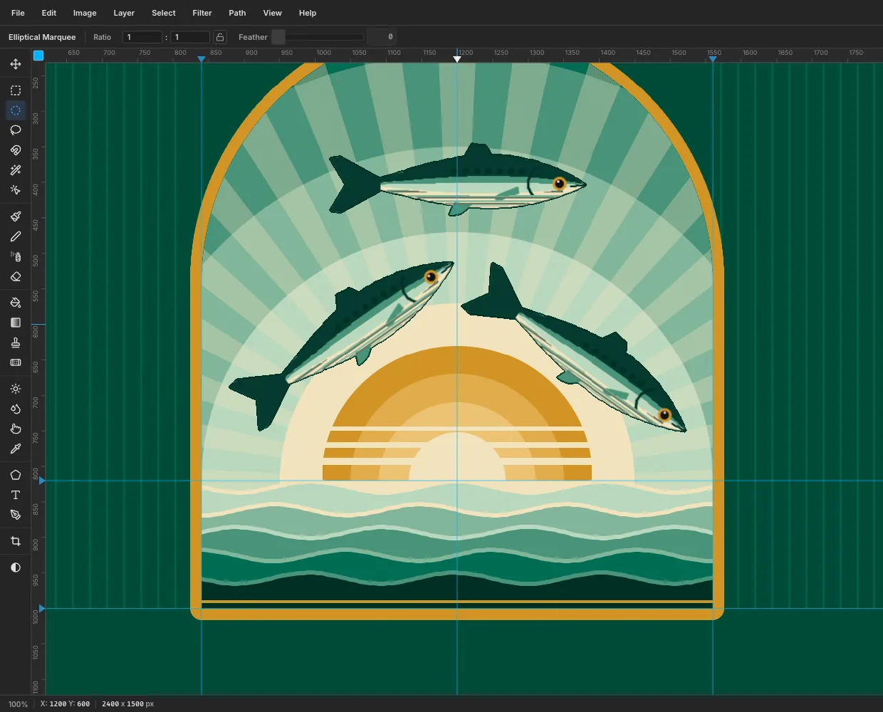 The three sardines arranged in a leaping arc over the sun, the left one rising, the top one level and the right one diving, all well clear of the gold arch walls