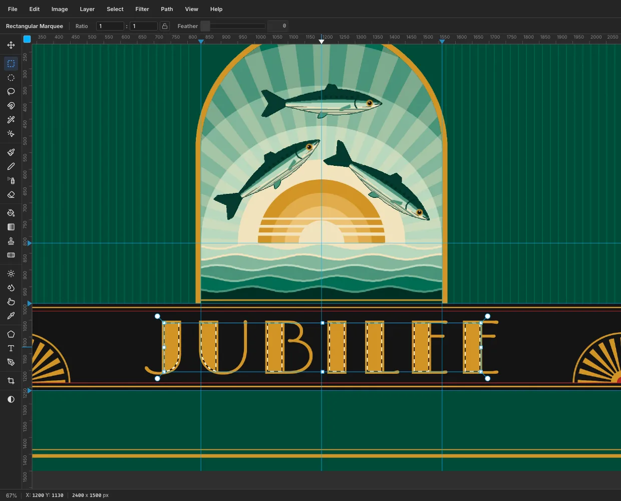 The JUBILEE capitals with marching ants shrunk 7 px inside every letter