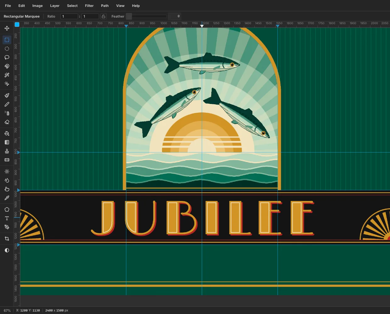 JUBILEE in gold capitals with a fine cream line inside each thick stroke and a hard red shadow down and to the right