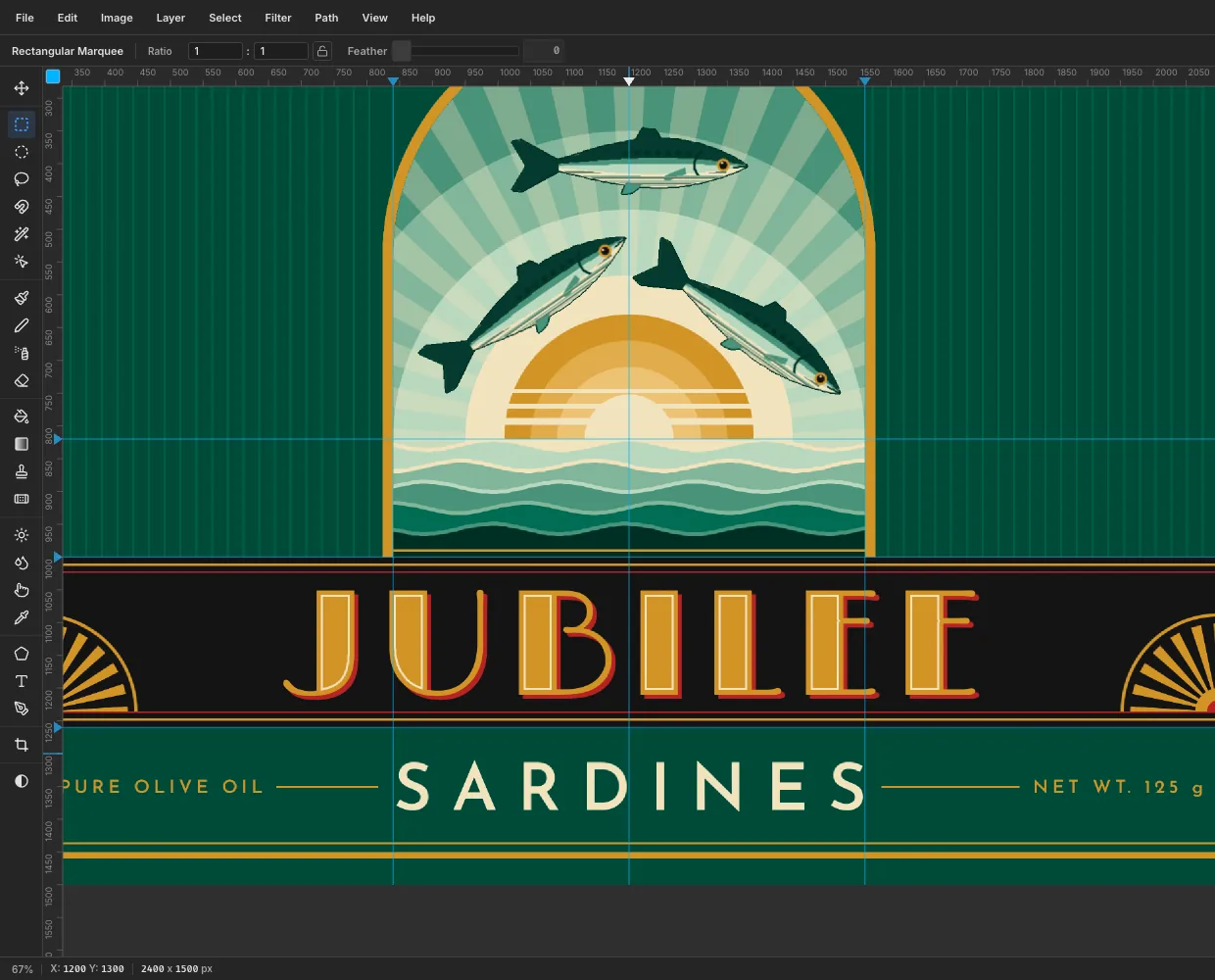 SARDINES in widely spaced cream capitals centred below the band, with gold rules on either side and IN PURE OLIVE OIL and NET WT. 125 g in small gold capitals