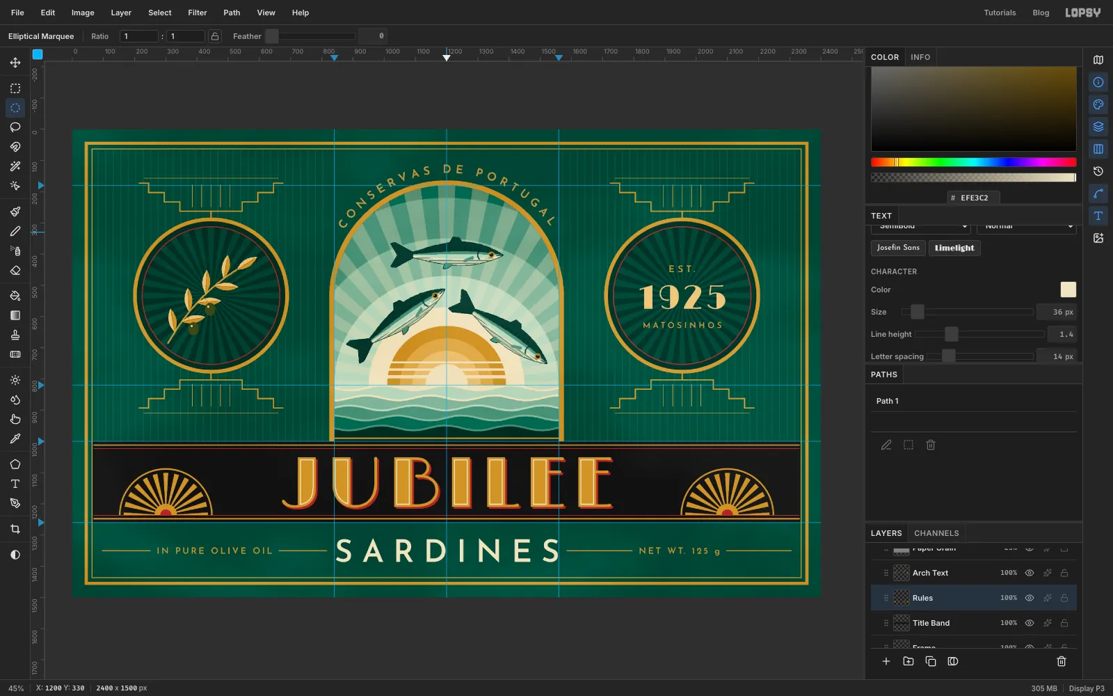 The finished Jubilee Sardines label in Lopsy at fit-to-screen zoom with a subtle paper grain over everything