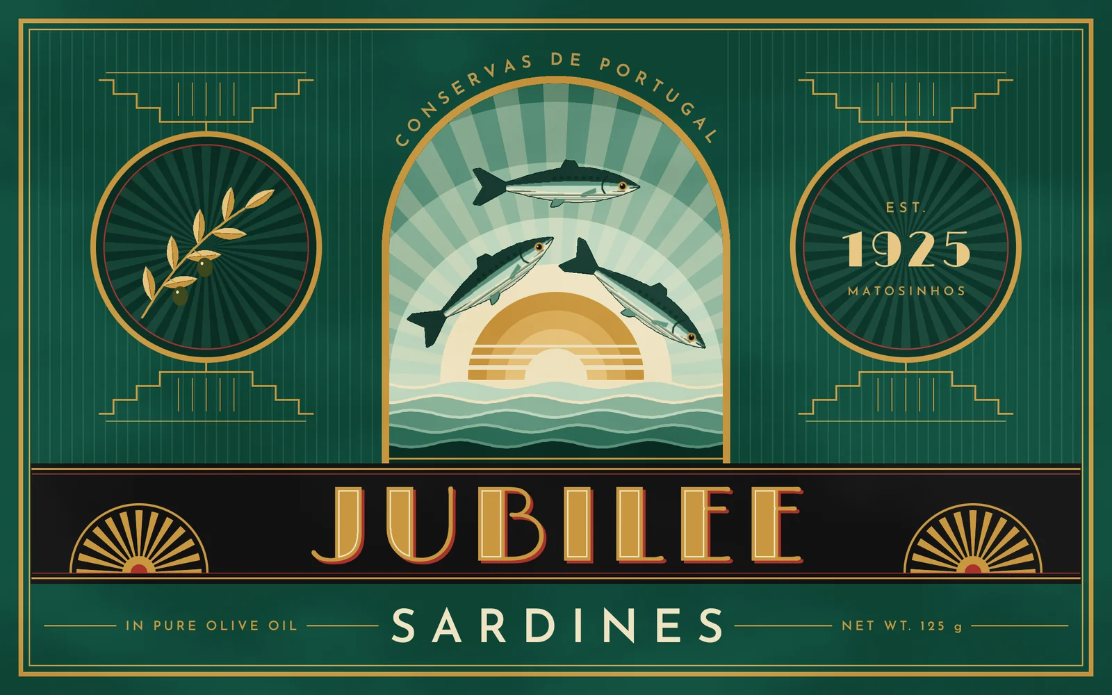The finished landscape sardine tin label in deep green, gold, cream, black and a touch of red. A double gold frame surrounds the label. In the middle, a gold-rimmed arched window holds a stepped sunrise: concentric flat rings of green tints around a cream halo, faint cream rays, a gold half sun cut by three horizontal slits, and wavy green bands of sea above a gold sill. Three slim green-black and cream sardines leap in an arc over the sun. "CONSERVAS DE PORTUGAL" curves over the arch in small gold capitals. On each side, a gold-ringed medallion with a fine red inner ring and dark rays sits between stepped gold ziggurat brackets on a pinstriped green panel. The left medallion holds a gold olive sprig with two dark olives. The right one reads "EST. 1925 MATOSINHOS". A black band across the lower third carries "JUBILEE" in tall gold Art Deco capitals with a cream inline and a red drop shadow, between two gold sunburst fans with red cores. Below the band, "SARDINES" is set in widely spaced cream capitals between gold rules, flanked by "IN PURE OLIVE OIL" and "NET WT. 125 g".