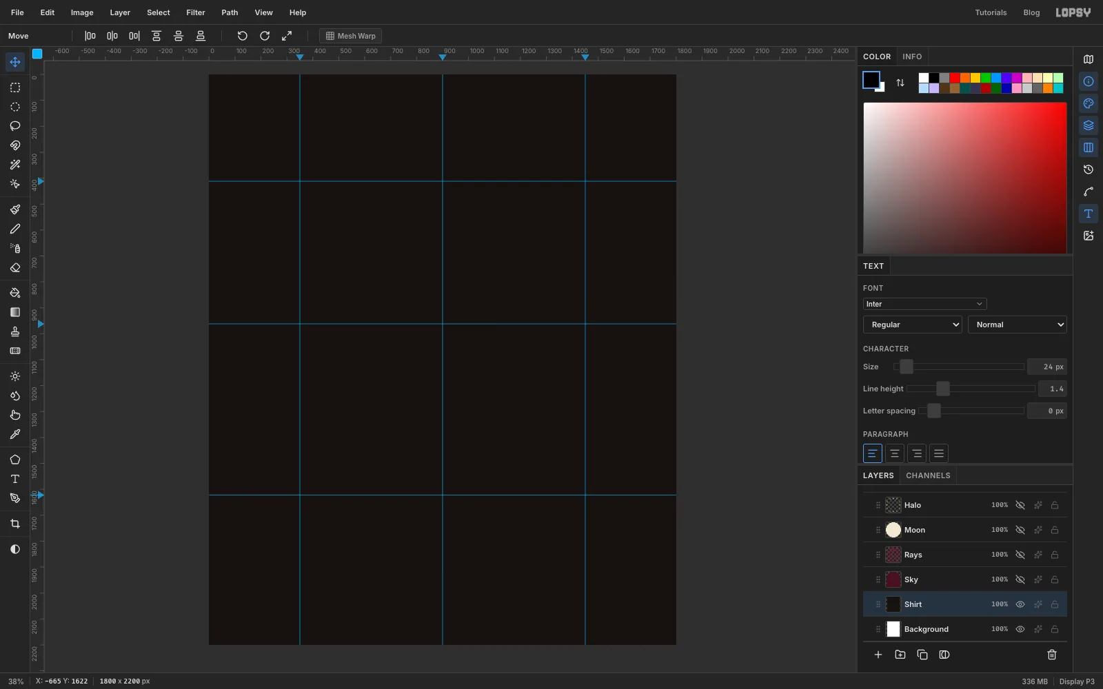 A warm black 1800 by 2200 document with three vertical and three horizontal blue guides