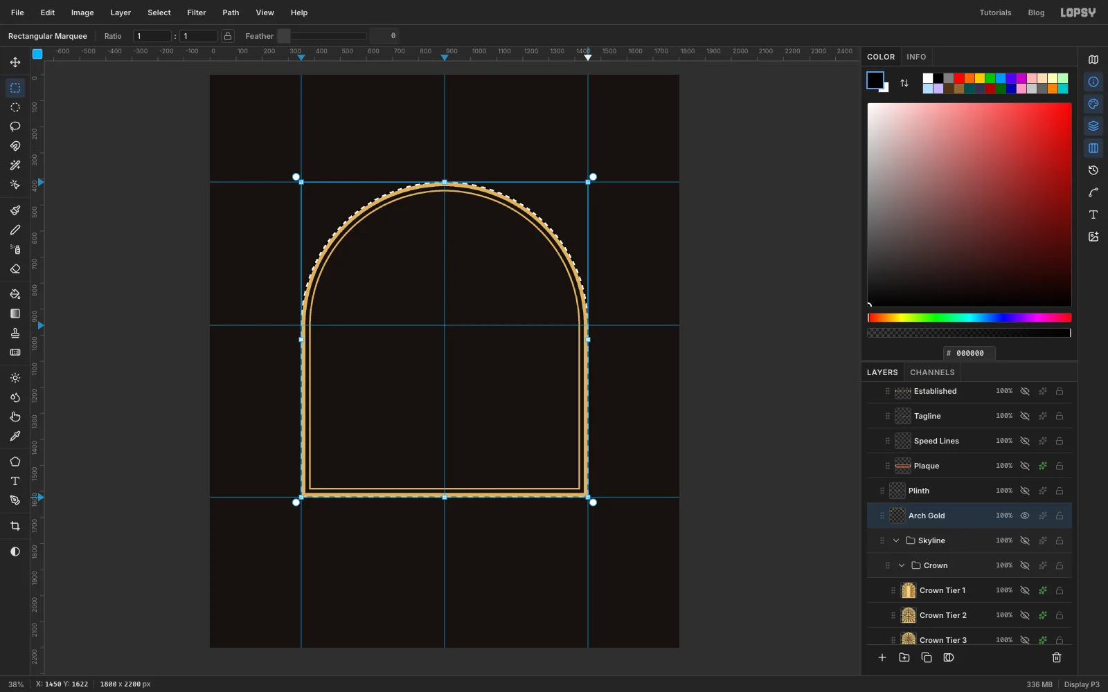 A gold double-lined arch drawn between the guides, with marching ants still around its outer edge