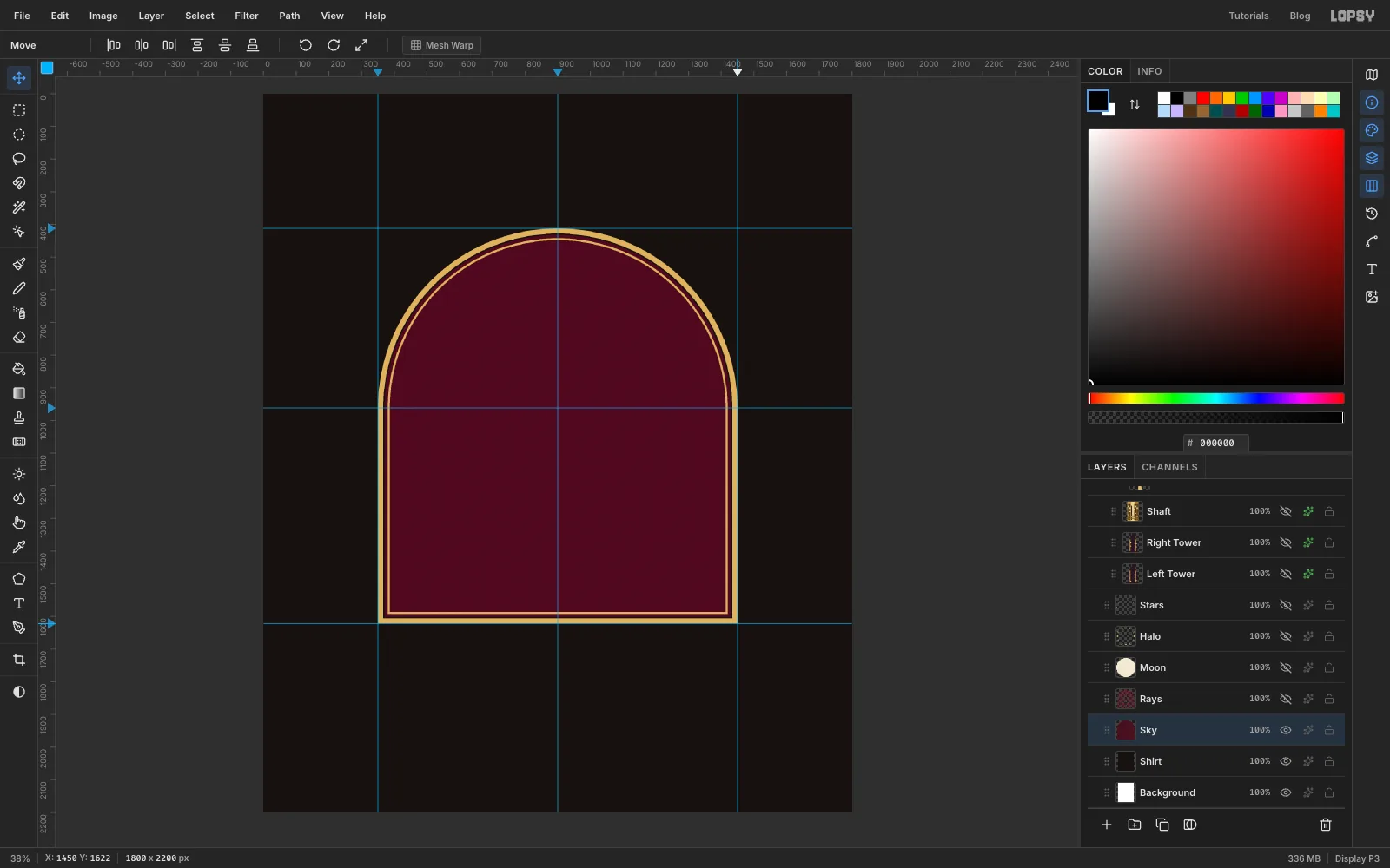 The inside of the arch filled flat with a deep oxblood red