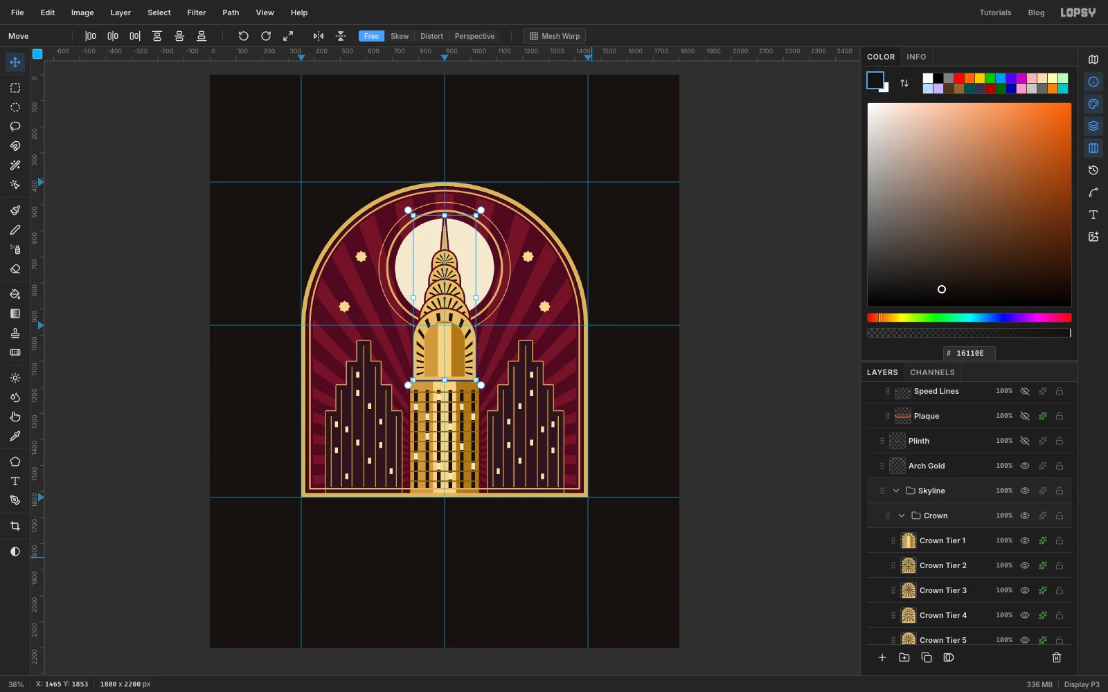 The finished crown, now with sunburst windows and a banded gold door, selected as a group with its transform box