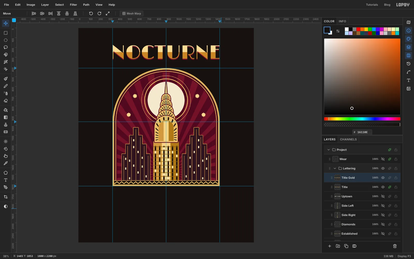 NOCTURNE now pale gold on its top half and deep gold on its bottom half, with an oxblood shadow