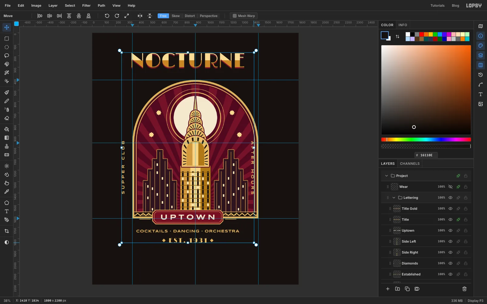 The Lettering group being scaled down with the Move tool, its transform box pulled in from the bottom-right corner
