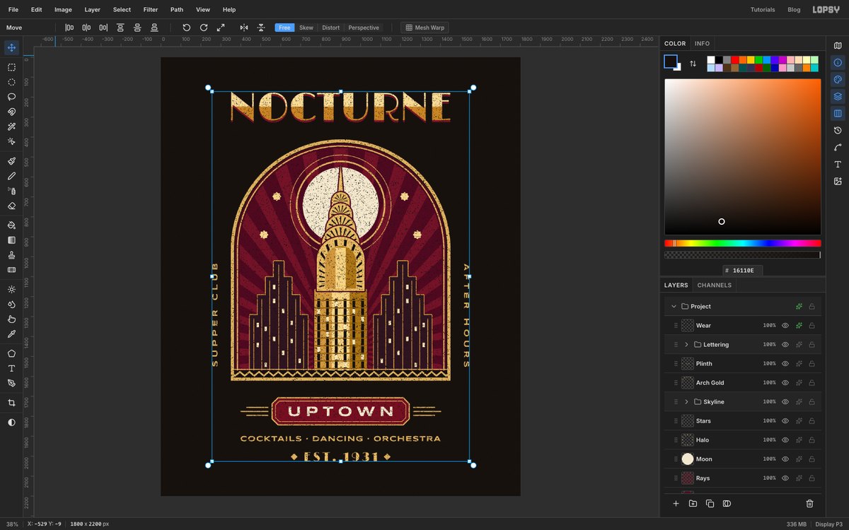 Lopsy editing the finished NOCTURNE UPTOWN T-shirt design. A gold Chrysler-style skyscraper rises in front of an ivory moon inside an oxblood sunburst arch, with NOCTURNE in two-tone gold above it and an UPTOWN plaque below, all on a warm black canvas with a fine worn-print texture
