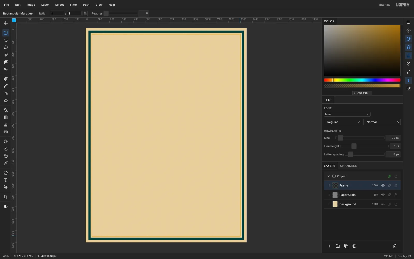 Warm paper with a faint fibre texture inside a teal border and a thin gold rule