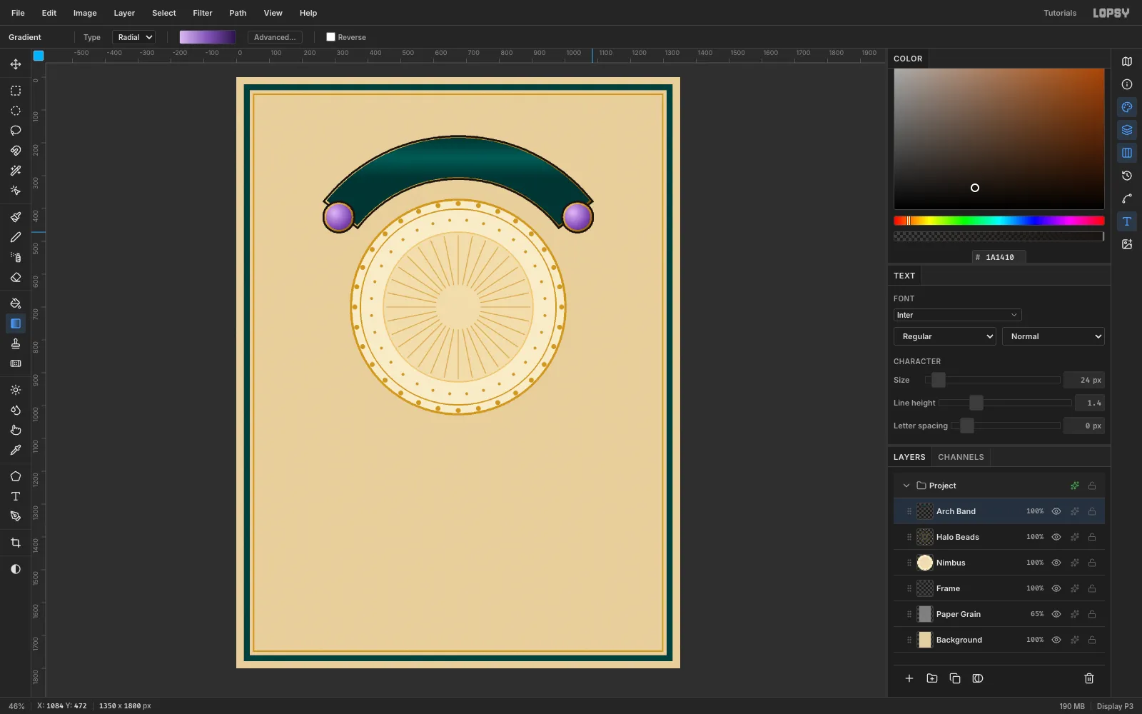 A thick teal arch with gold-edged ink outlines and amethyst cabochons at both ends above the halo