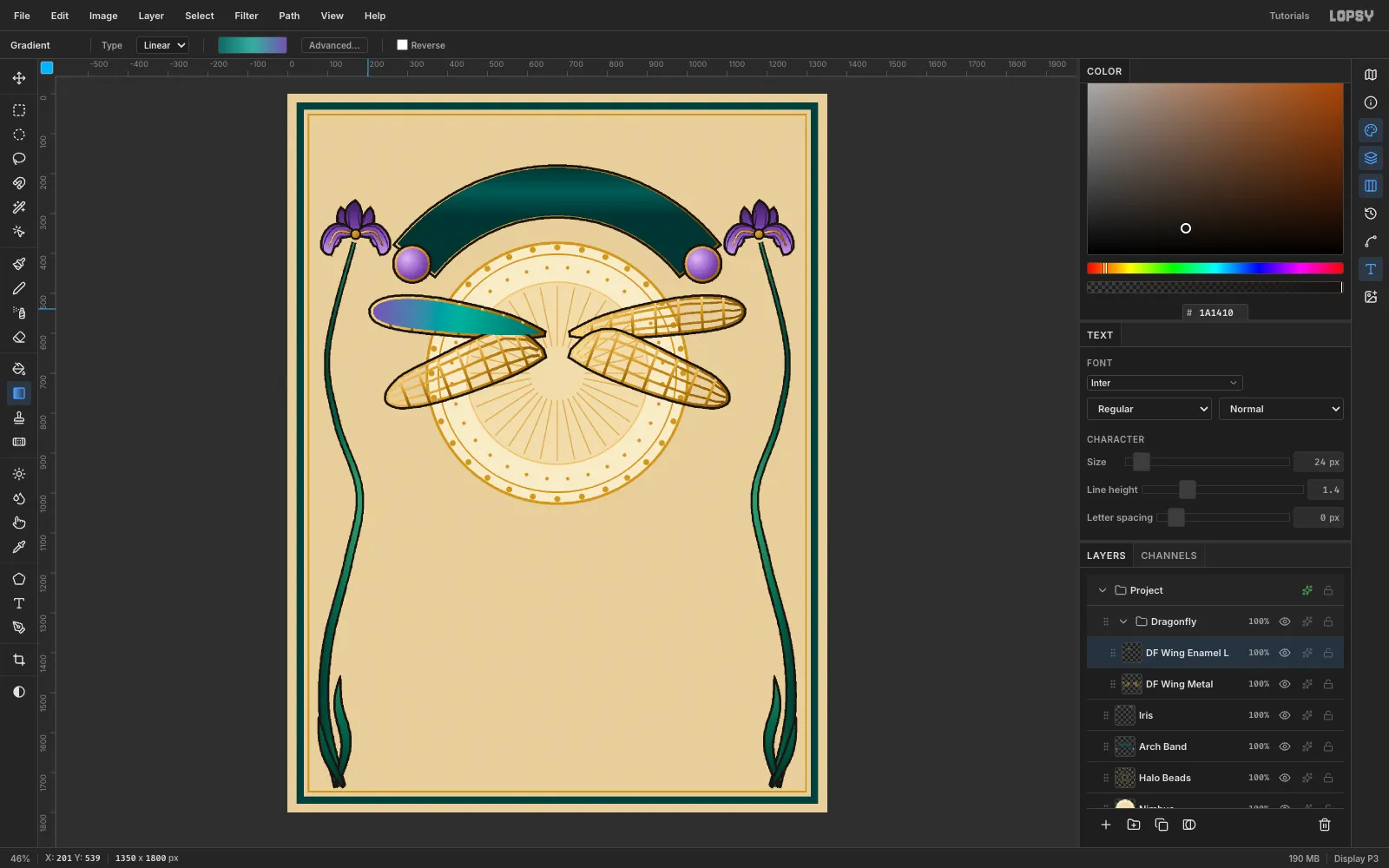The two left wings filled with a teal-to-violet gradient inside their gold outlines