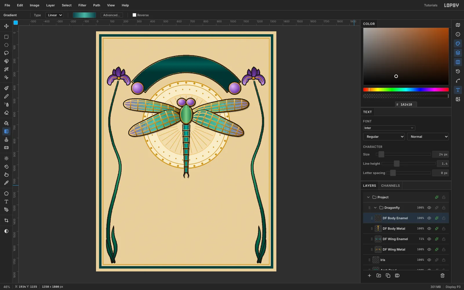 The dragonfly body added with amethyst eyes, a jade thorax and a tapered teal abdomen with ink segment rings