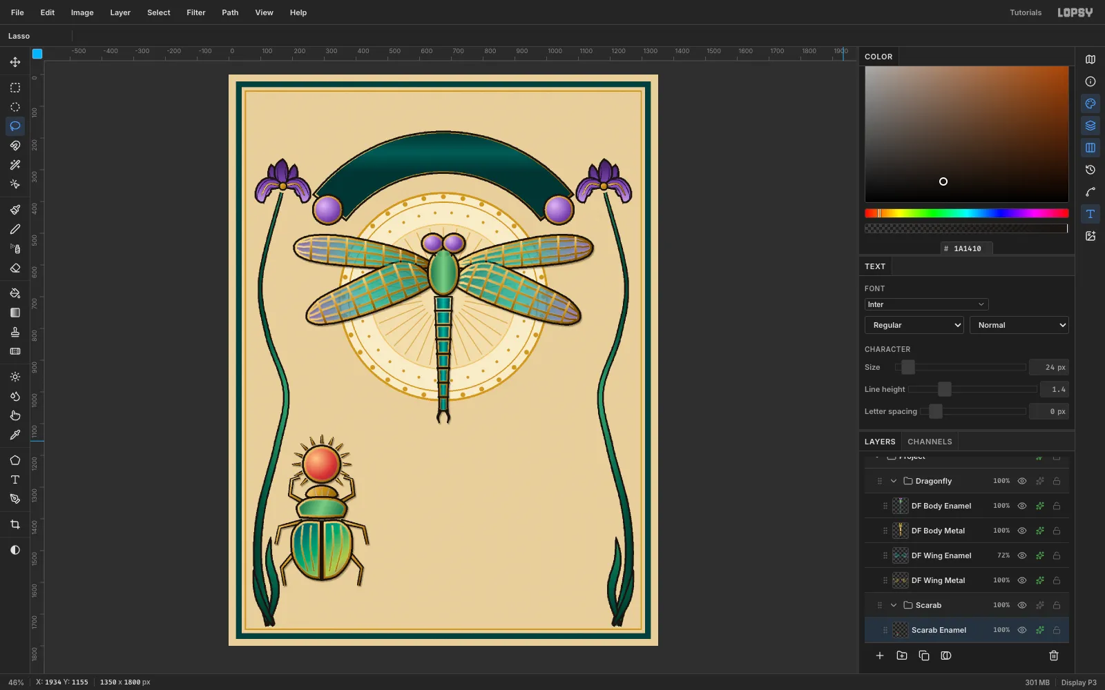 A green enamel scarab with gold legs holding up a glowing red sun disc with gold rays