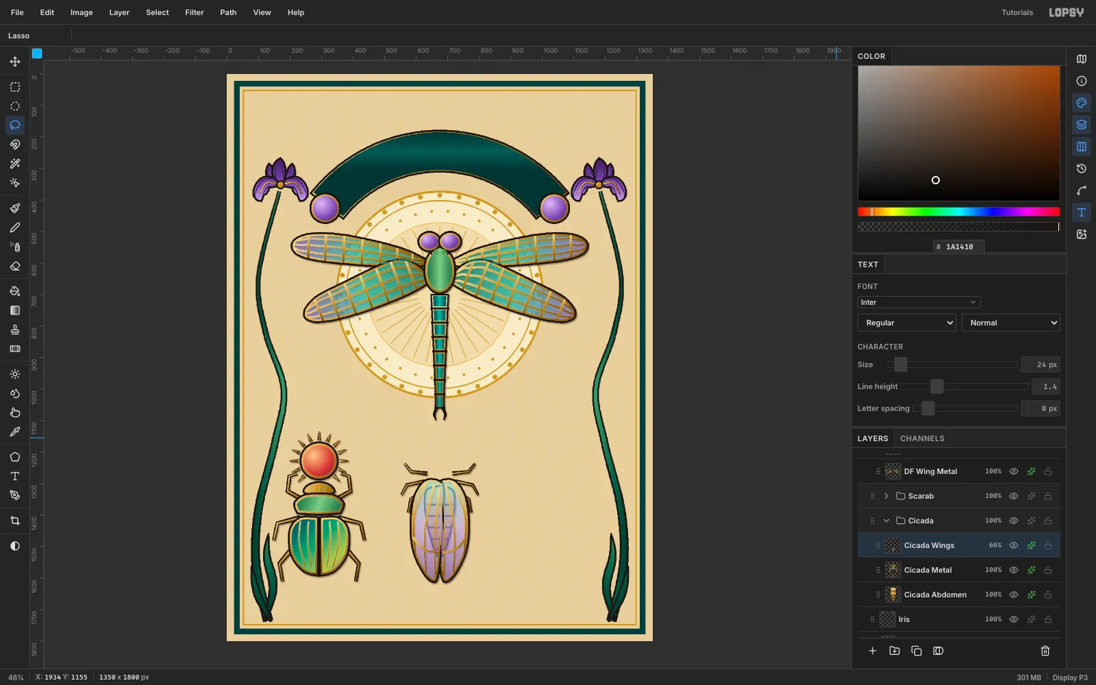 The cicada's lilac wings at partial opacity so its striped abdomen shows through, below a jade and amber thorax