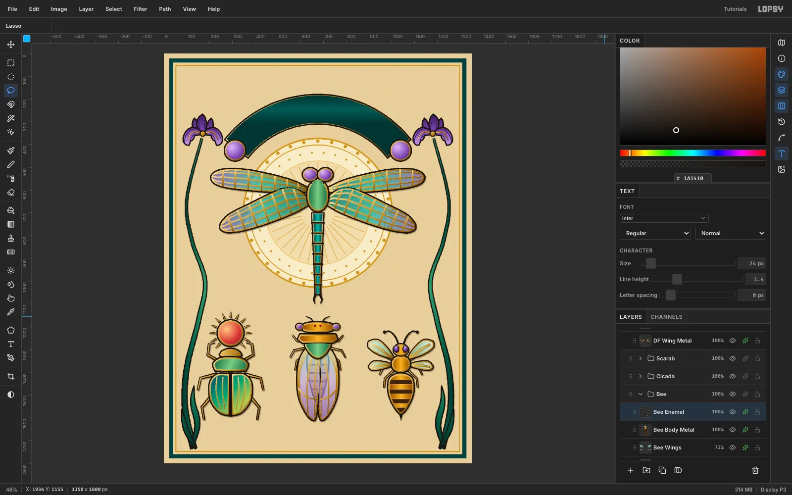 A striped bee with translucent aqua wings, a gold thorax and amethyst eyes
