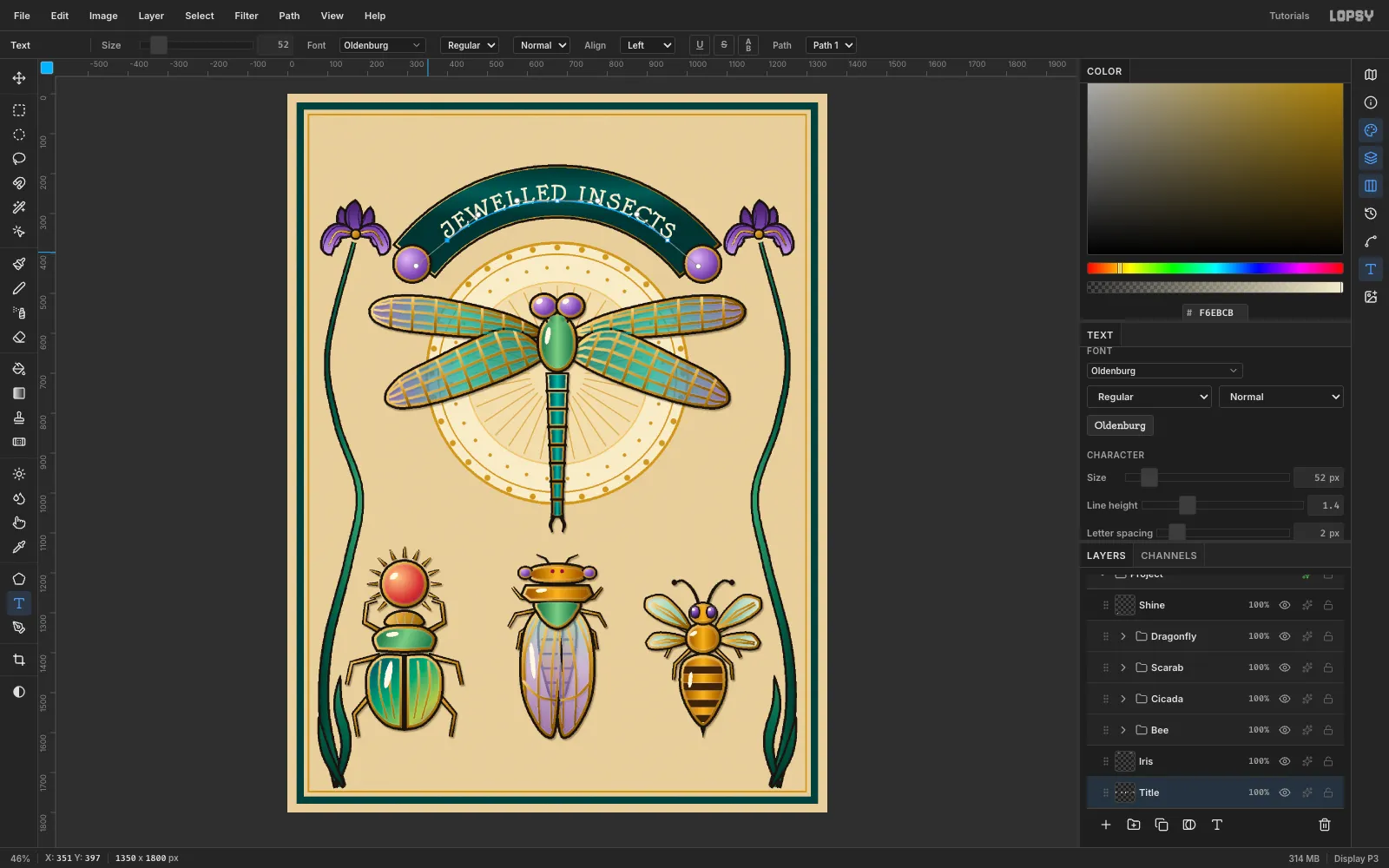 JEWELLED INSECTS set in cream Oldenburg capitals, curving through the centre of the teal band
