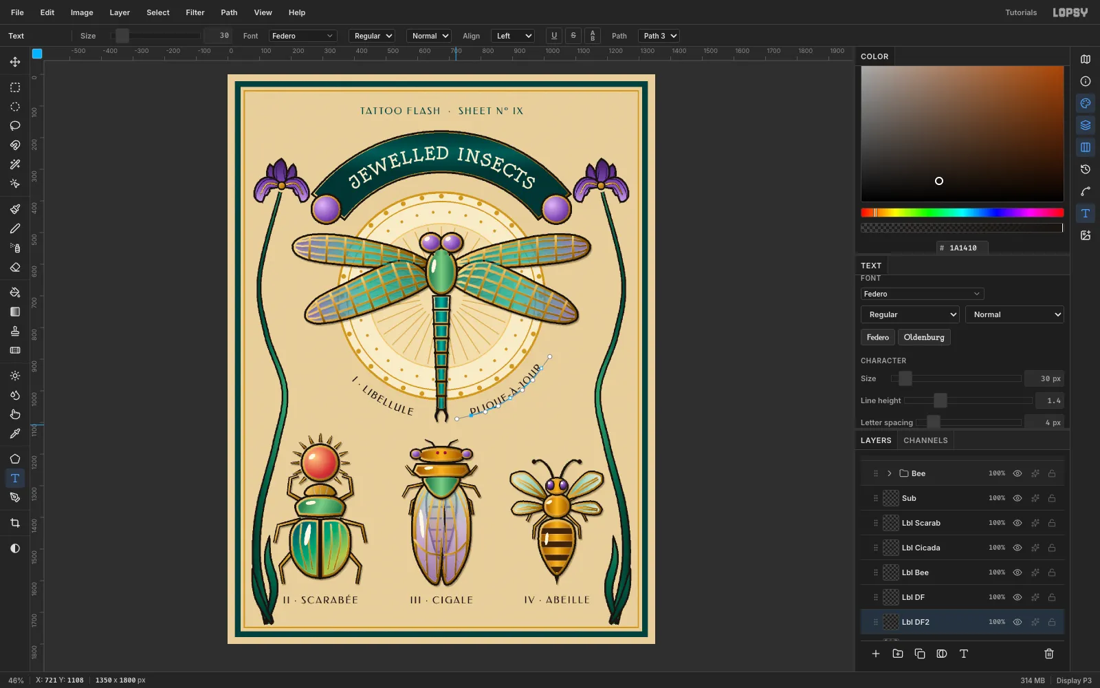 The subtitle across the top, three labels under the bottom insects, and two captions curving under the halo on either side of the tail