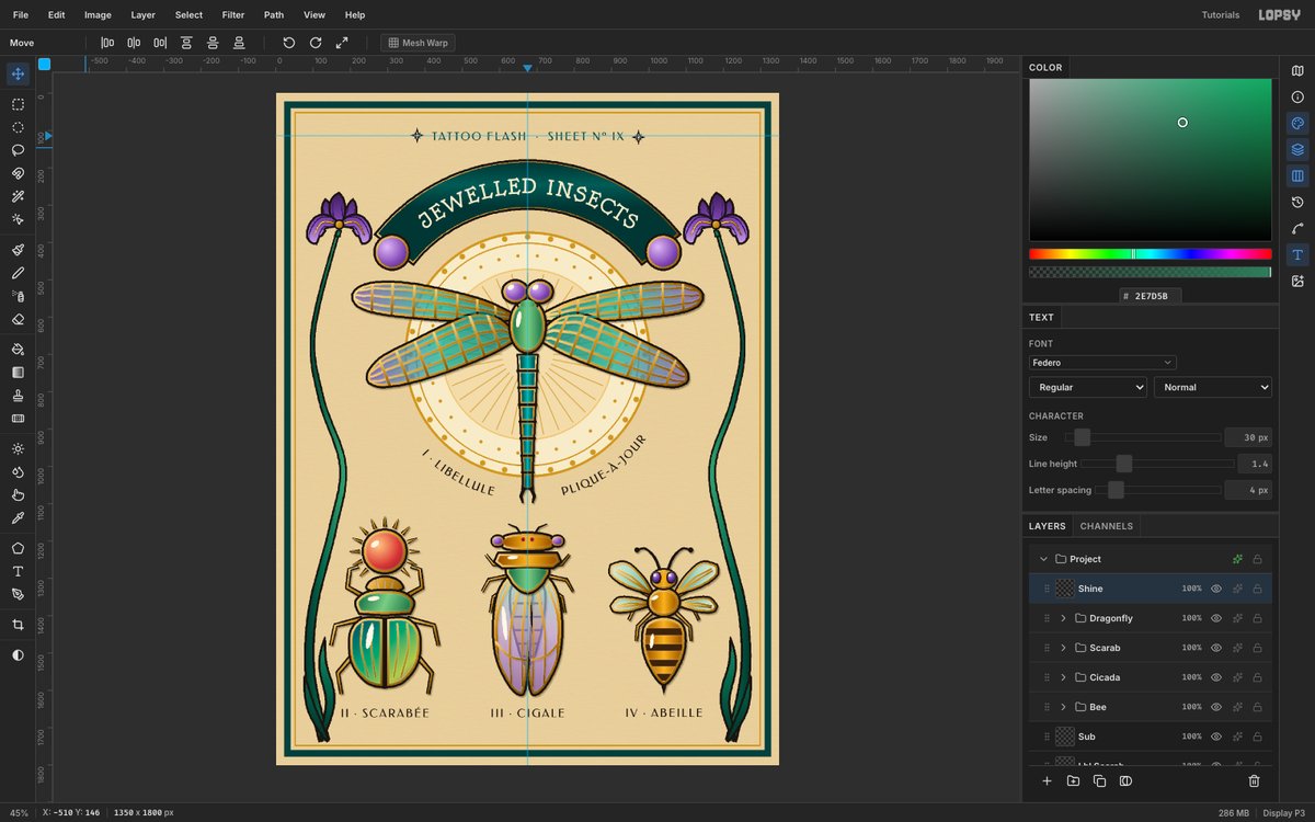 Lopsy showing the finished JEWELLED INSECTS flash sheet, with an enamelled dragonfly on a gold halo under an arched teal title, a scarab, a cicada and a bee along the bottom, and the Dragonfly, Scarab, Cicada and Bee groups in the Layers panel