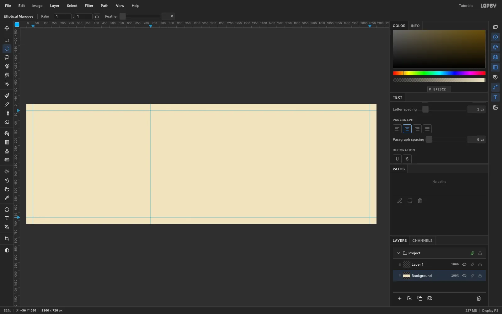 A 2100 by 720 cream document with guides at the frame margins and the panel divide