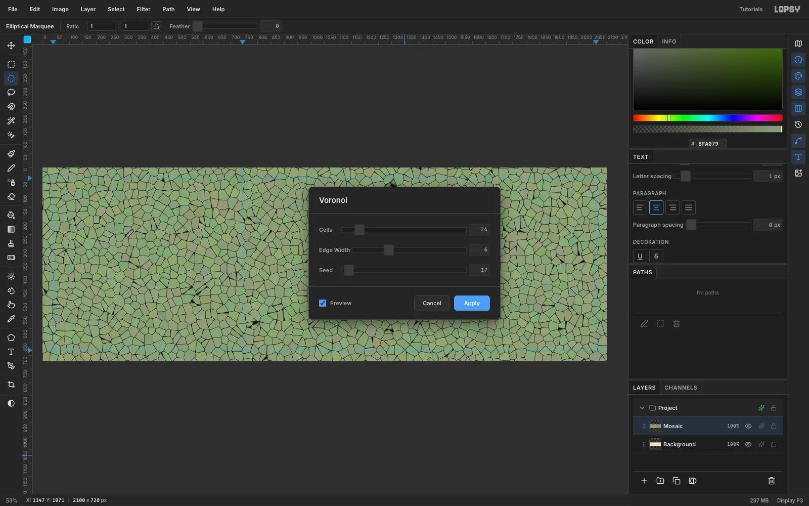 The Voronoi dialog with Cells 24, Edge Width 6 and Seed 17 previewing small mosaic tiles