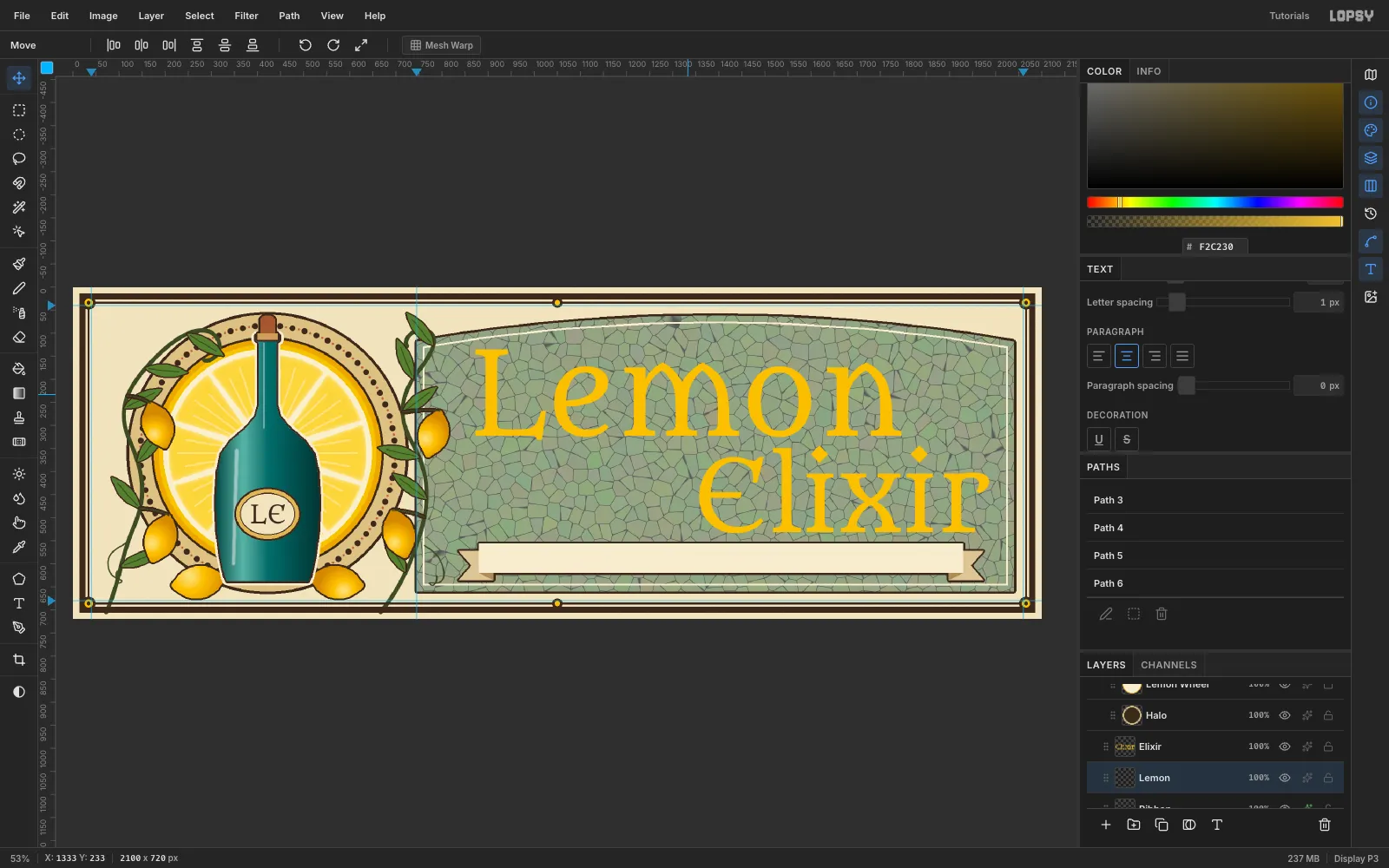 Lemon set large in Metamorphous across the top of the panel, with Elixir right-aligned below it in bright yellow