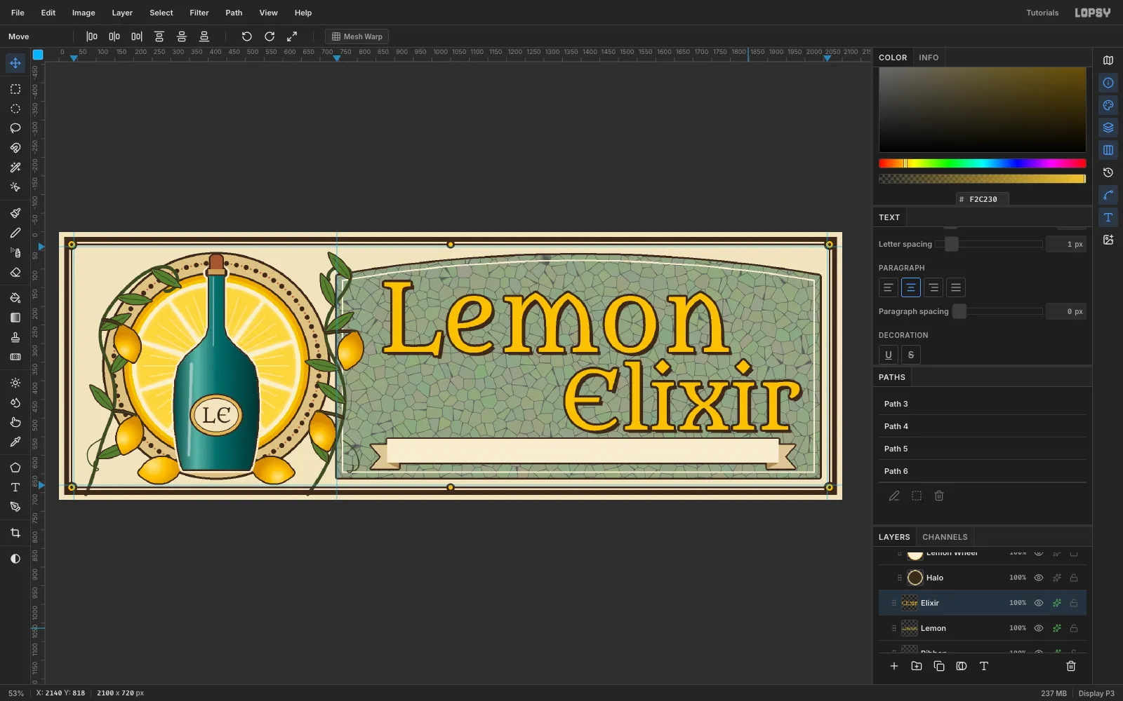 Lemon Elixir with thick dark brown outlines and a hard offset shadow, standing out against the mosaic